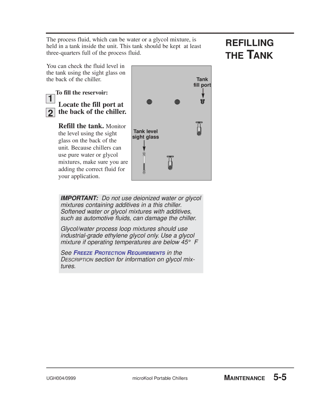 Conair MPW, MPA manual Refilling the Tank, Locate the fill port at Back of the chiller, To fill the reservoir 