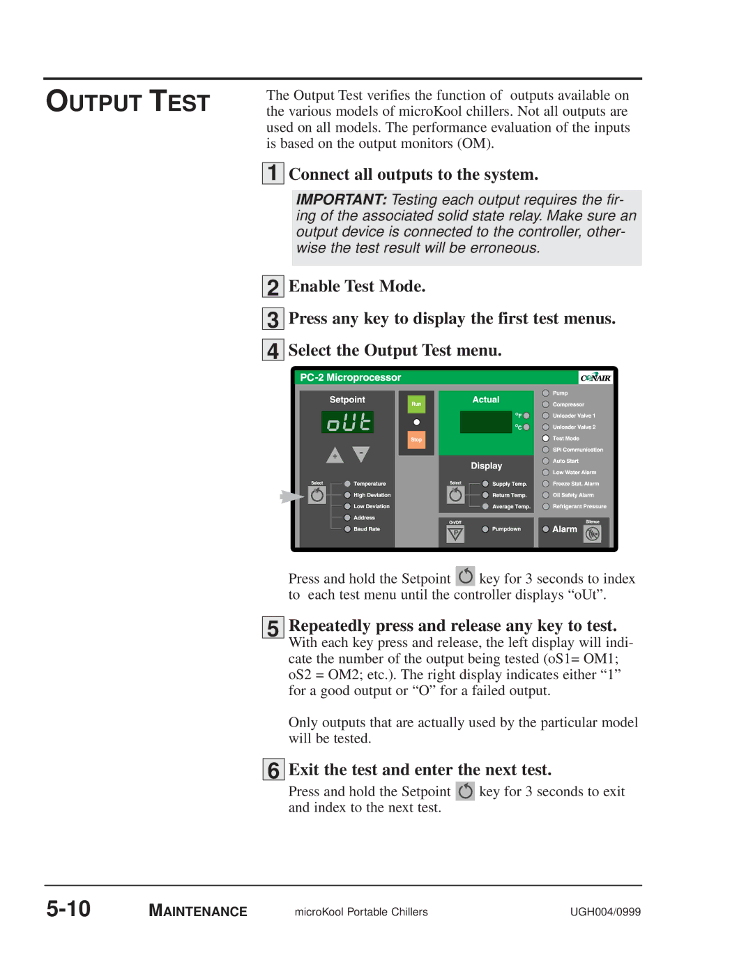 Conair MPA, MPW manual Connect all outputs to the system, Select the Output Test menu 