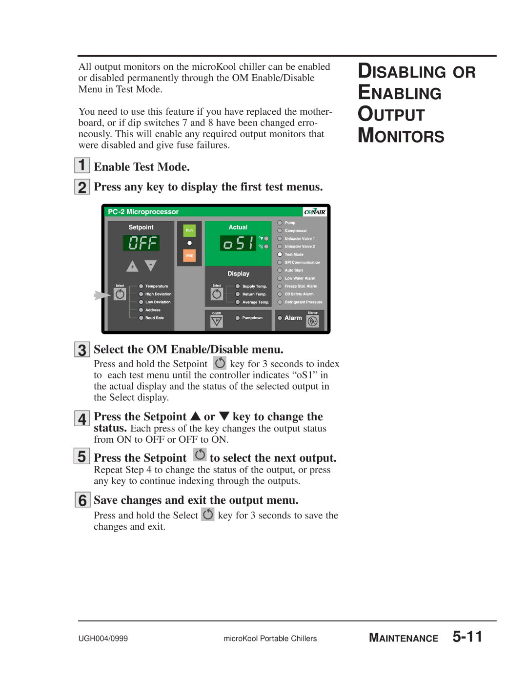 Conair MPW Disabling or Enabling Output Monitors, Select the OM Enable/Disable menu, Save changes and exit the output menu 