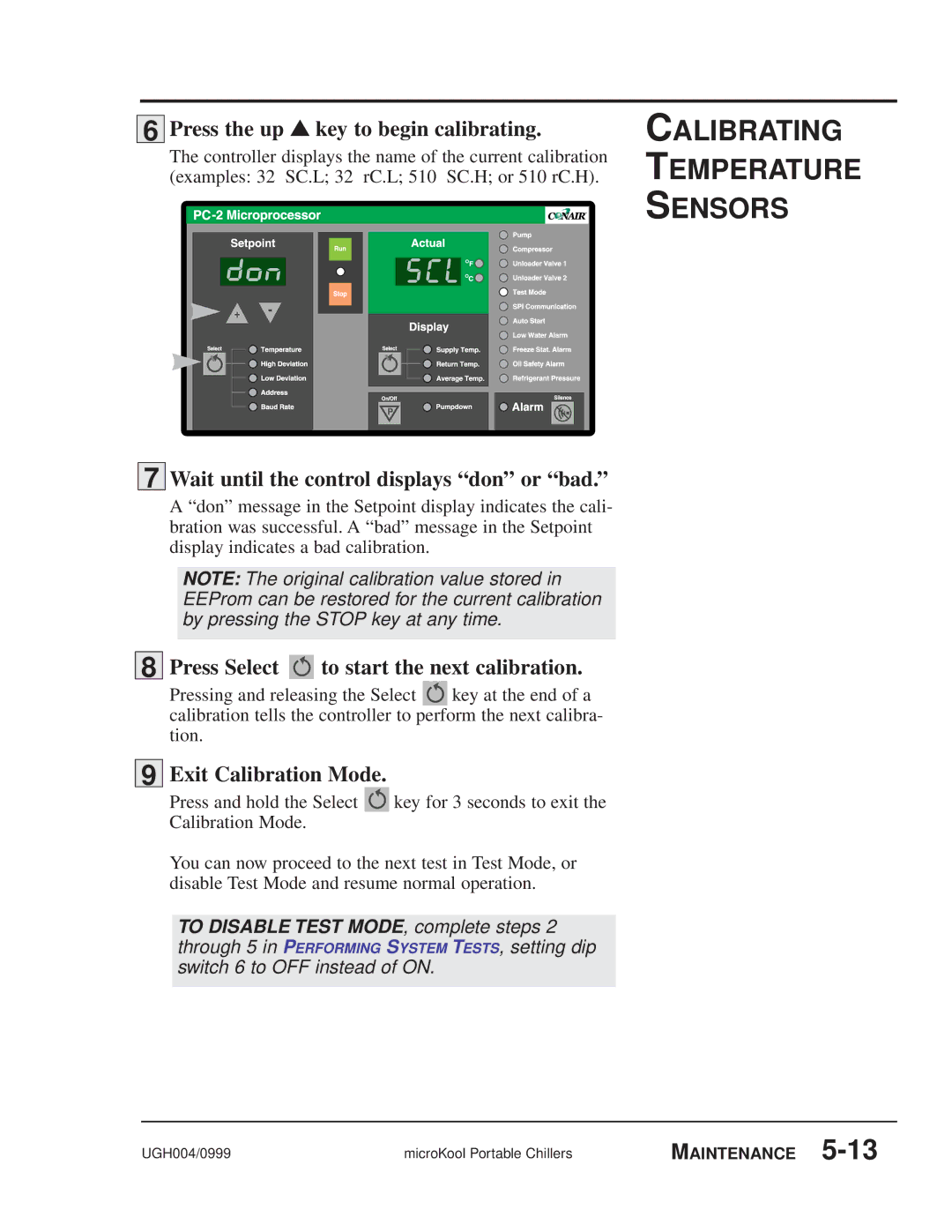 Conair MPW, MPA manual Press the up key to begin calibrating, Wait until the control displays don or bad, Press Select 