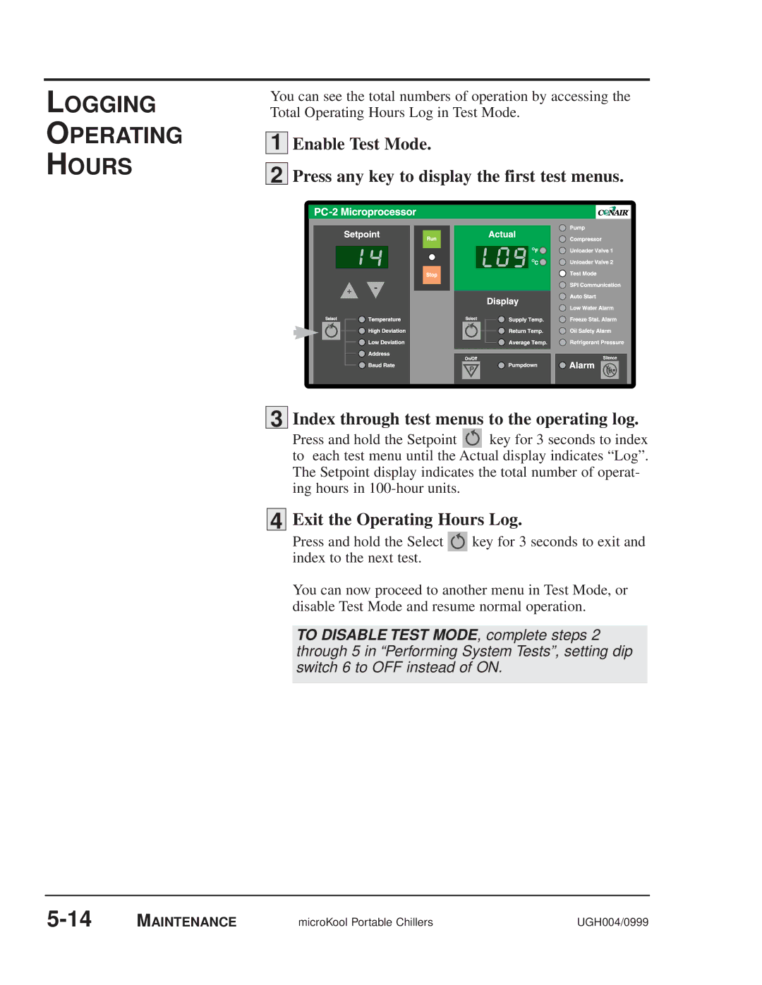 Conair MPA, MPW manual Logging Operating Hours, Index through test menus to the operating log, Exit the Operating Hours Log 