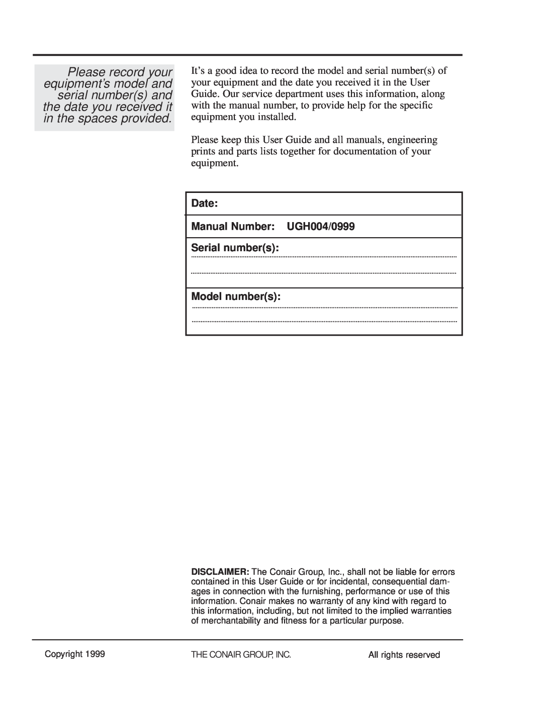 Conair MPA, MPW manual Date Manual Number UGH004/0999 Serial numbers Model numbers 