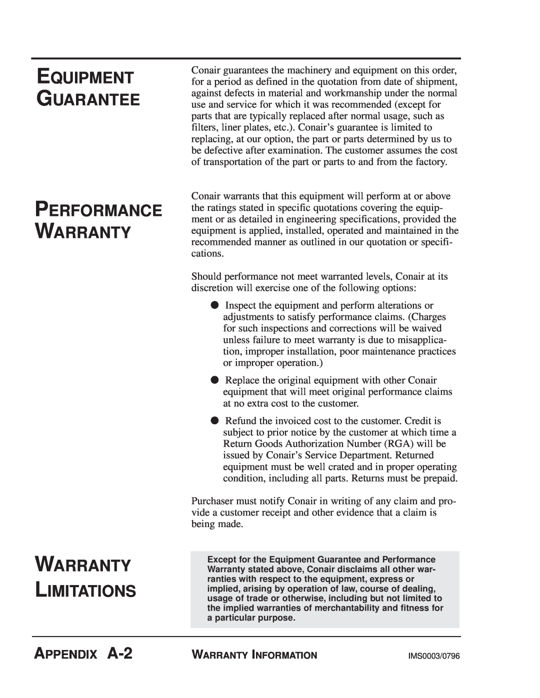 Conair MPA, MPW manual Equipment Guarantee Performance Warranty Warranty Limitations, APPENDIX A-2 