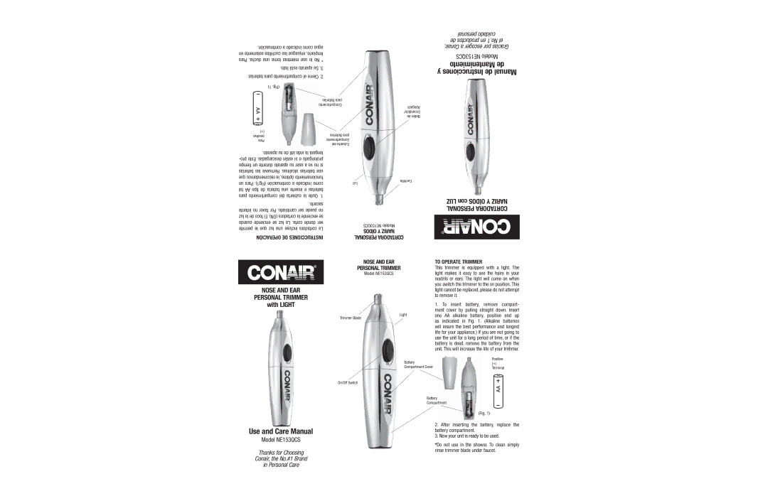 Conair manual Operación DE Instrucciones, To Operate Trimmer, Model NE153QCS 