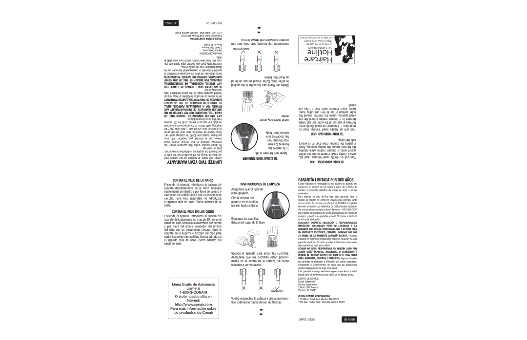 Conair NE153QCS manual Warranty Year TWO Limited, Hair EAR Your Trim to, Hair Nose Your Trim to Cortar EL Pelo DE LA Nariz 