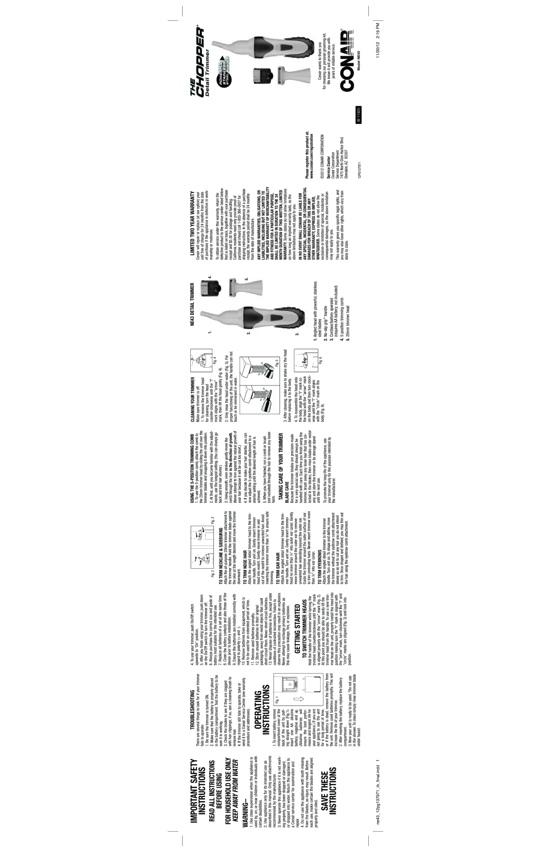 Conair NE4 warranty Save These Instructions, Operating Instructions 