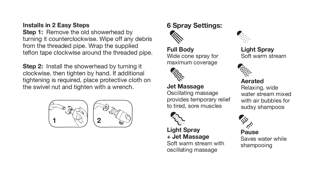 Conair PO6100MB warranty Spray Settings 