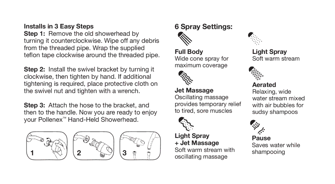 Conair PO6200MB warranty Spray Settings, 123 