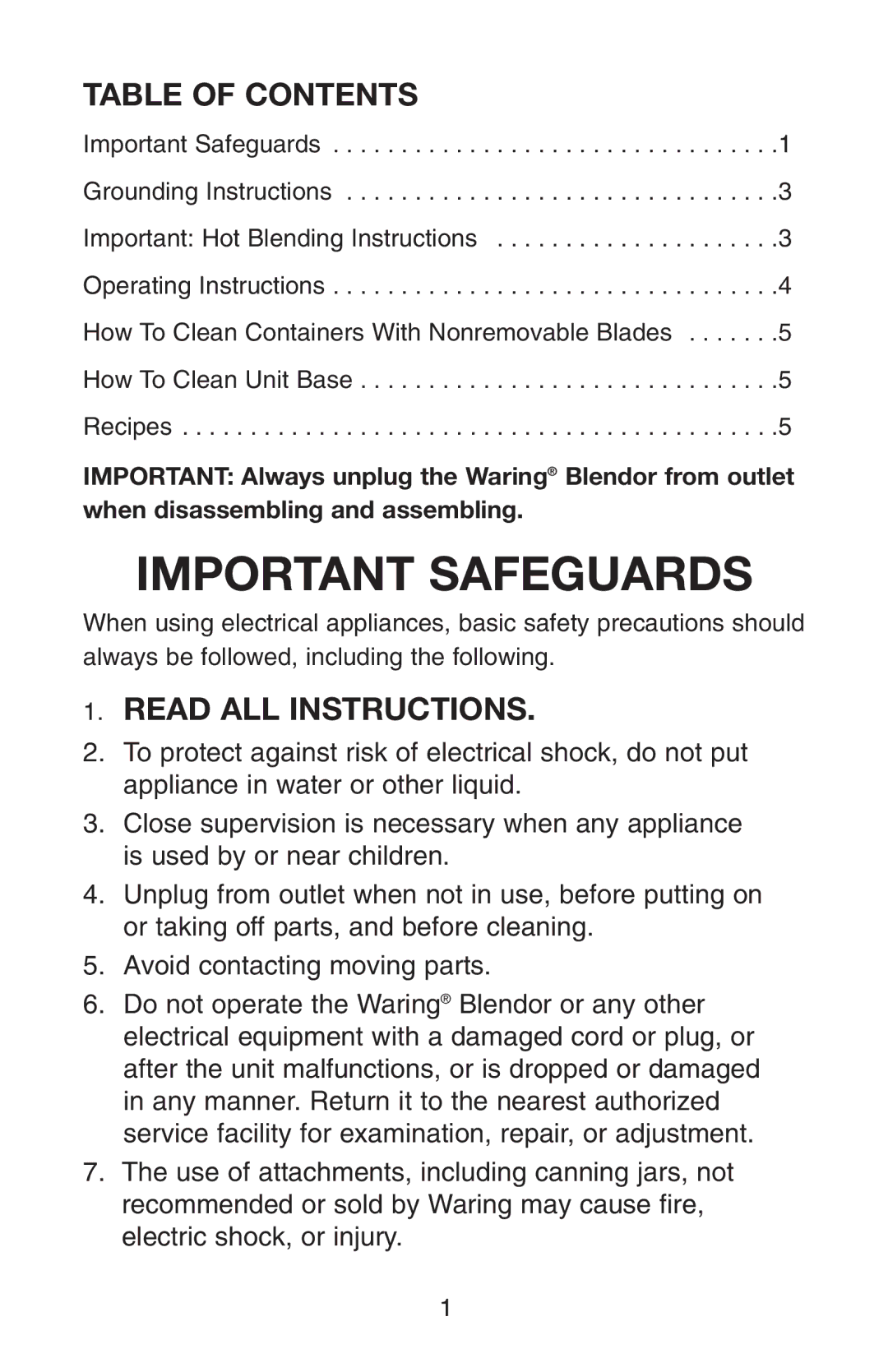 Conair RB70 manual Table of Contents, Read ALL Instructions 