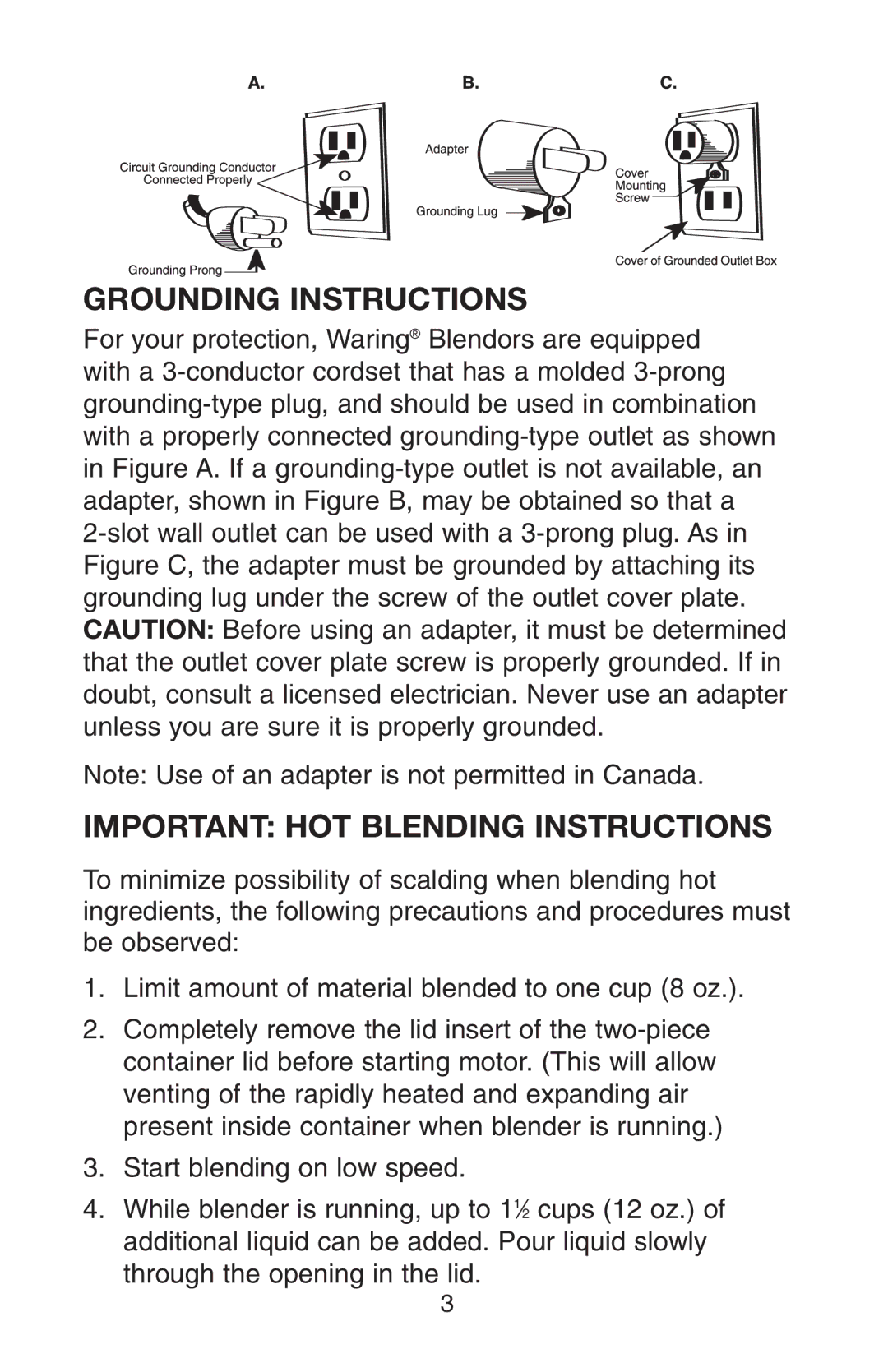 Conair RB70 manual Grounding Instructions, Important HOT Blending Instructions 