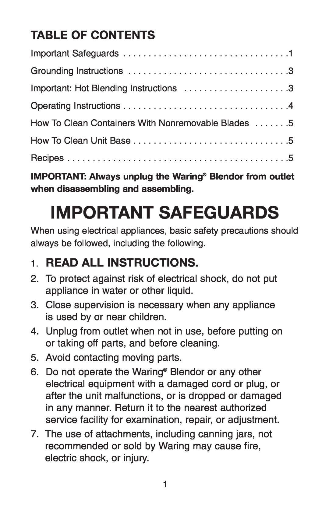 Conair RB70 manual Important Safeguards, Table Of Contents, Read All Instructions 