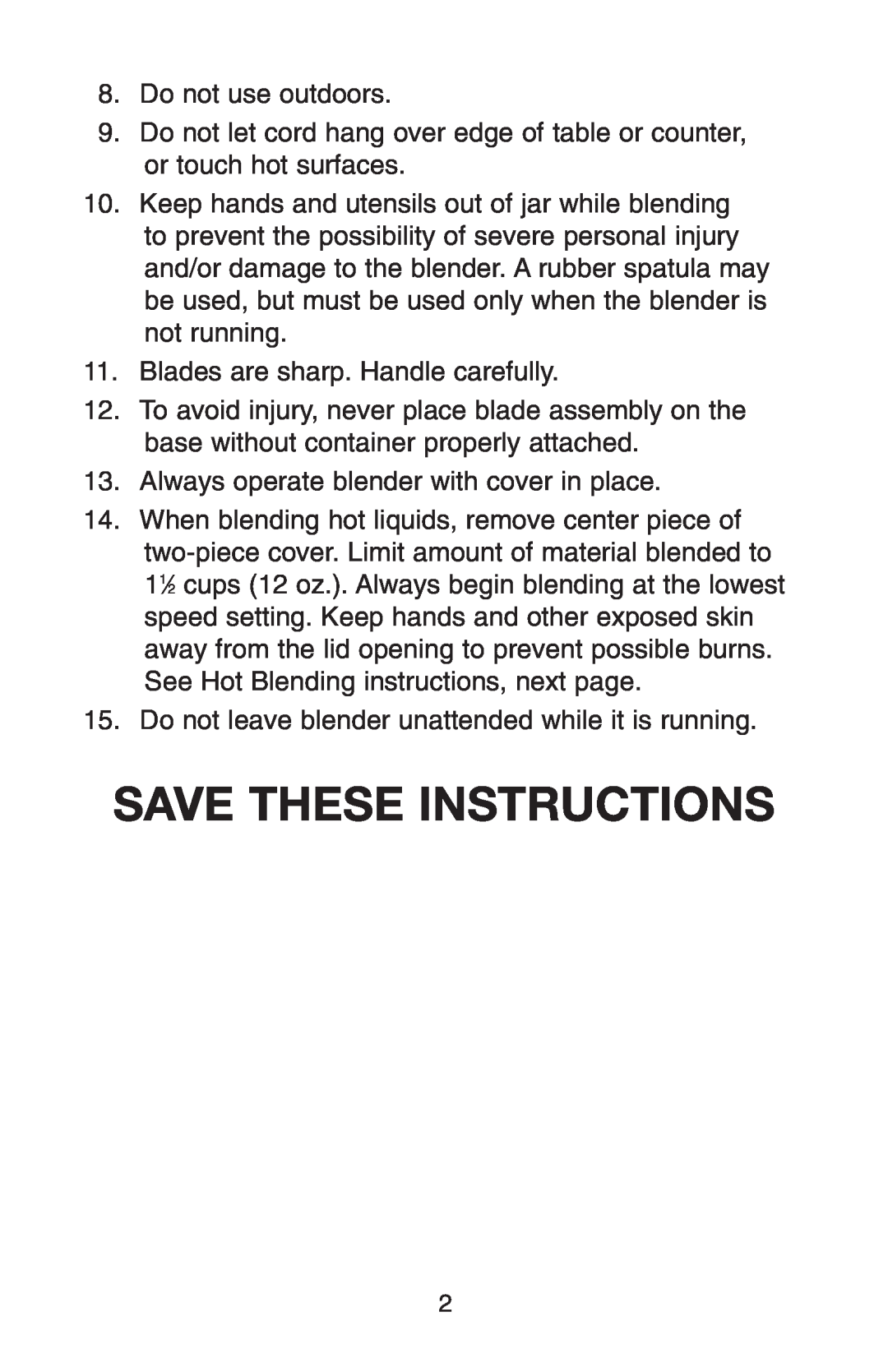 Conair RB70 manual Save These Instructions 