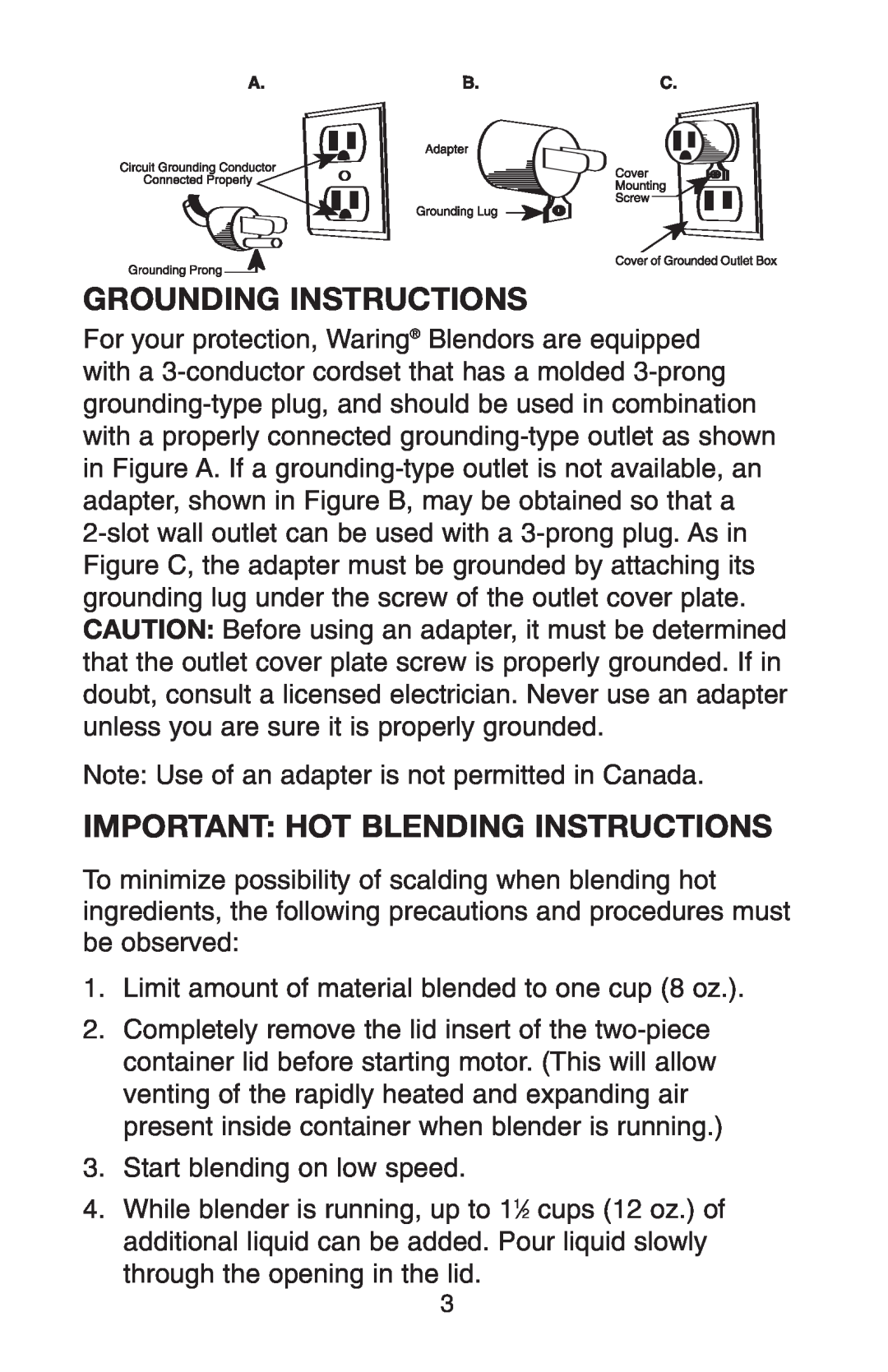 Conair RB70 manual Grounding Instructions, Important Hot Blending Instructions 