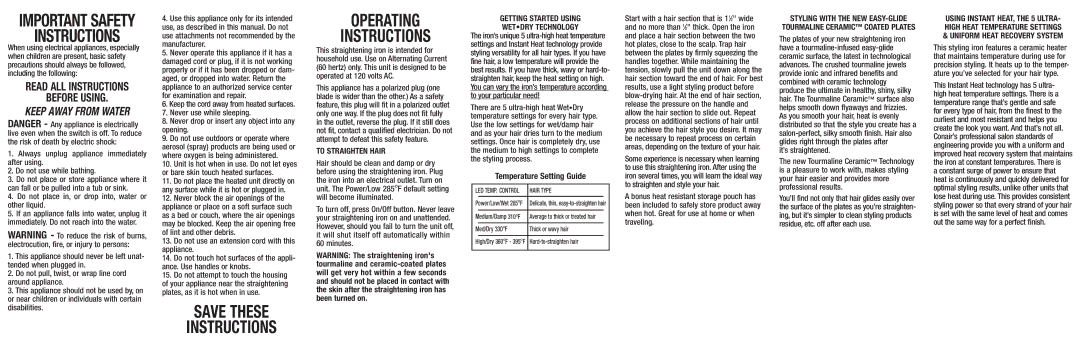 Conair S4 important safety instructions Do not place in, or drop into, water or other liquid, To straighten Hair 