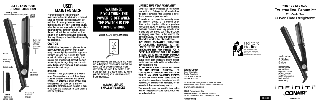 Conair S4 important safety instructions GET to Know Your Straightening Iron, Keep Away from Water, Service Center 