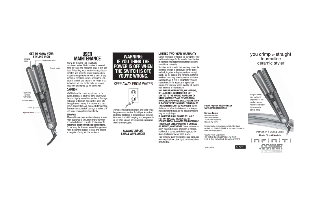 Conair S6 important safety instructions Storage, Service Center 