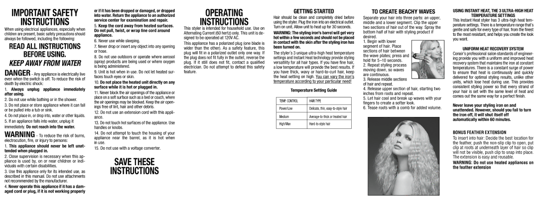 Conair S7FXR important safety instructions Getting Started, Temperature Settings 