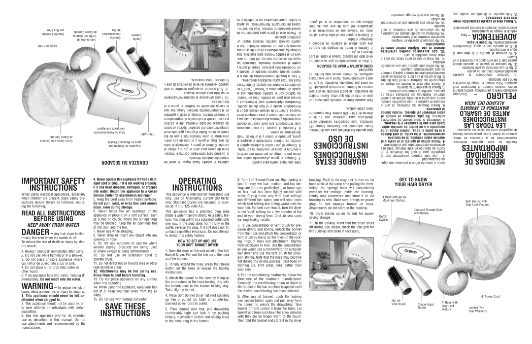Conair SB1X important safety instructions Hen Las con aire de tubo del abrazadera La en, Para, Aparato Desconecte Siempre 