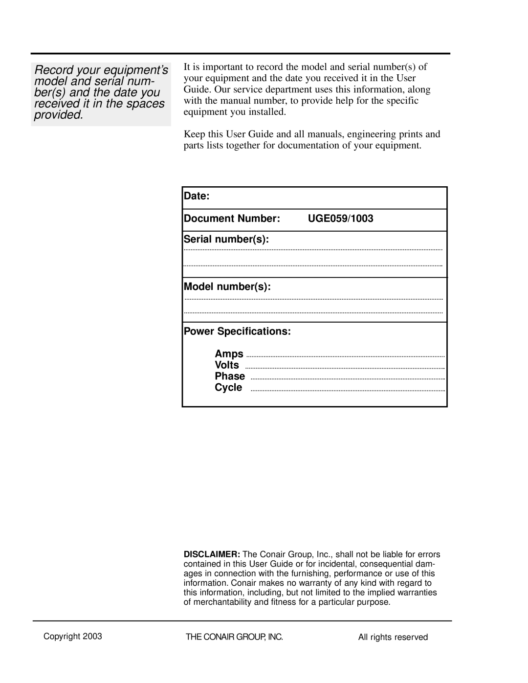 Conair SC-5 manual Date Document Number 