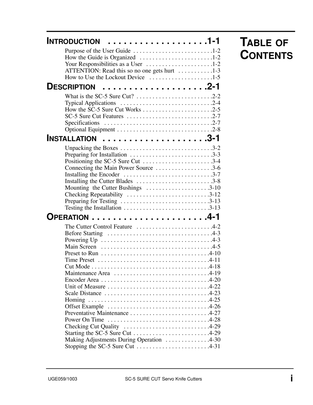 Conair SC-5 manual Table of Contents 