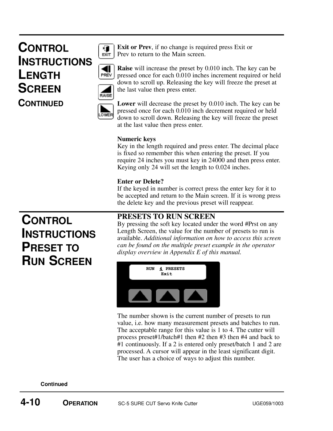 Conair SC-5 manual Control Instructions Preset to RUN Screen, Presets to RUN Screen 