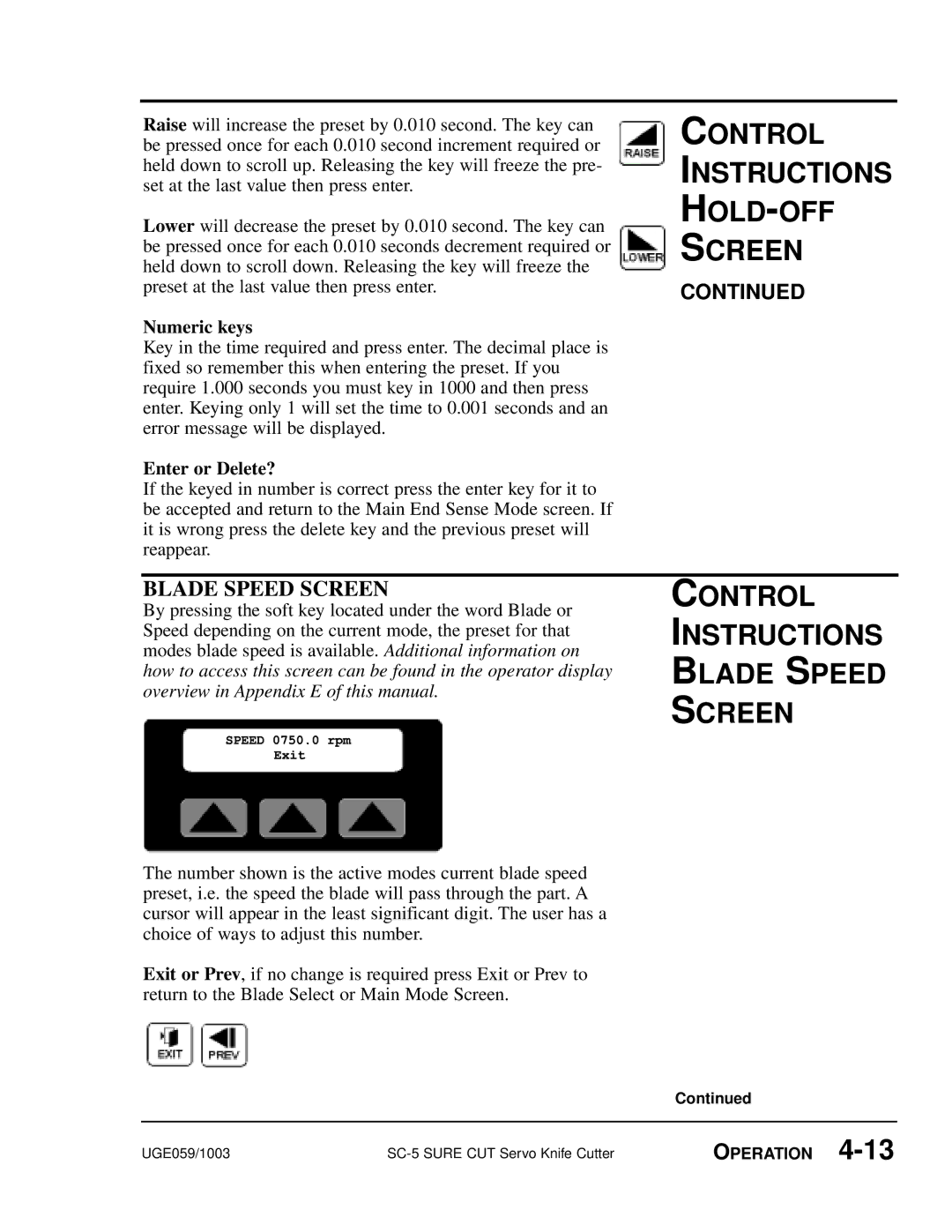 Conair SC-5 manual Control Instructions Blade Speed Screen 