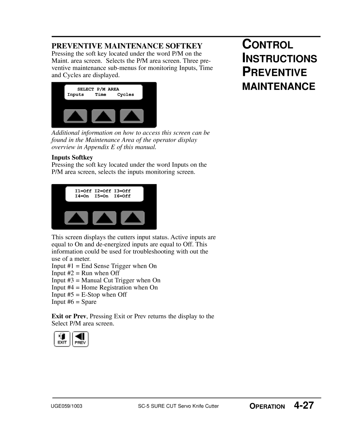 Conair SC-5 manual Control Instructions Preventive Maintenance, Preventive Maintenance Softkey 