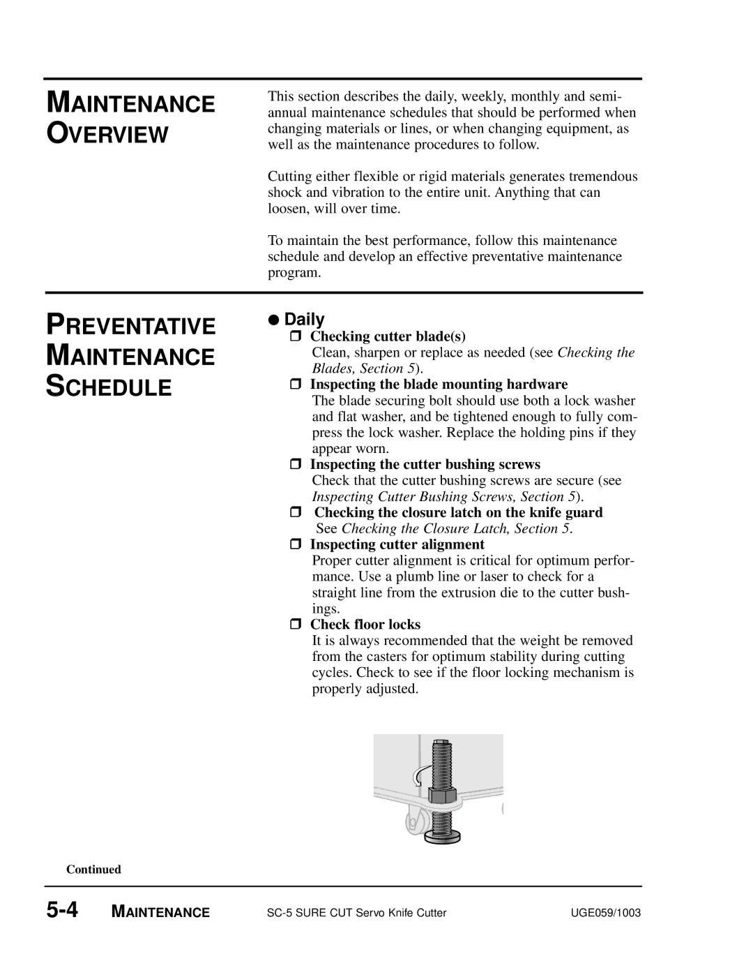 Conair SC-5 manual Maintenance Overview, Preventative Maintenance Schedule 