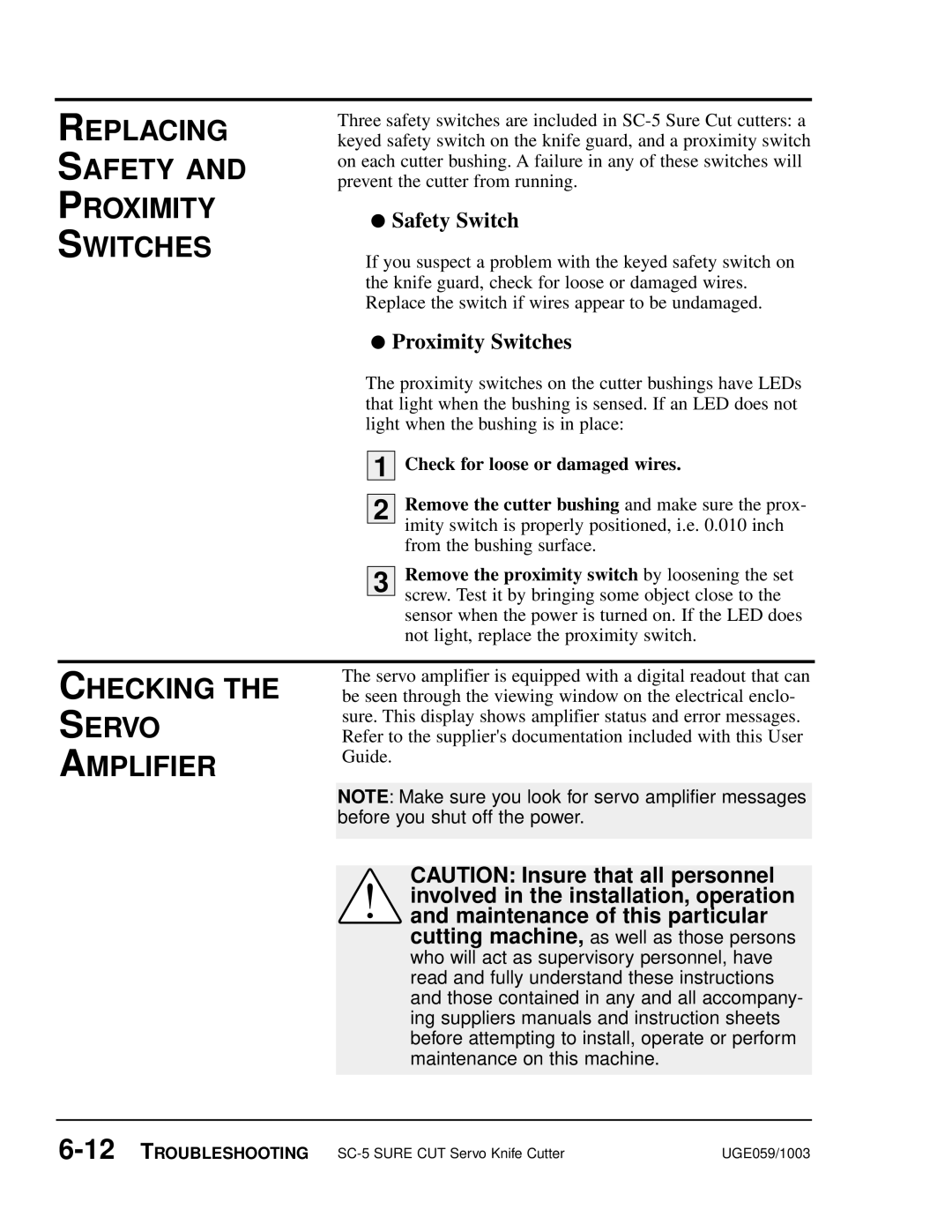 Conair SC-5 manual Replacing Safety Proximity Switches, Checking Servo Amplifier, Safety Switch 