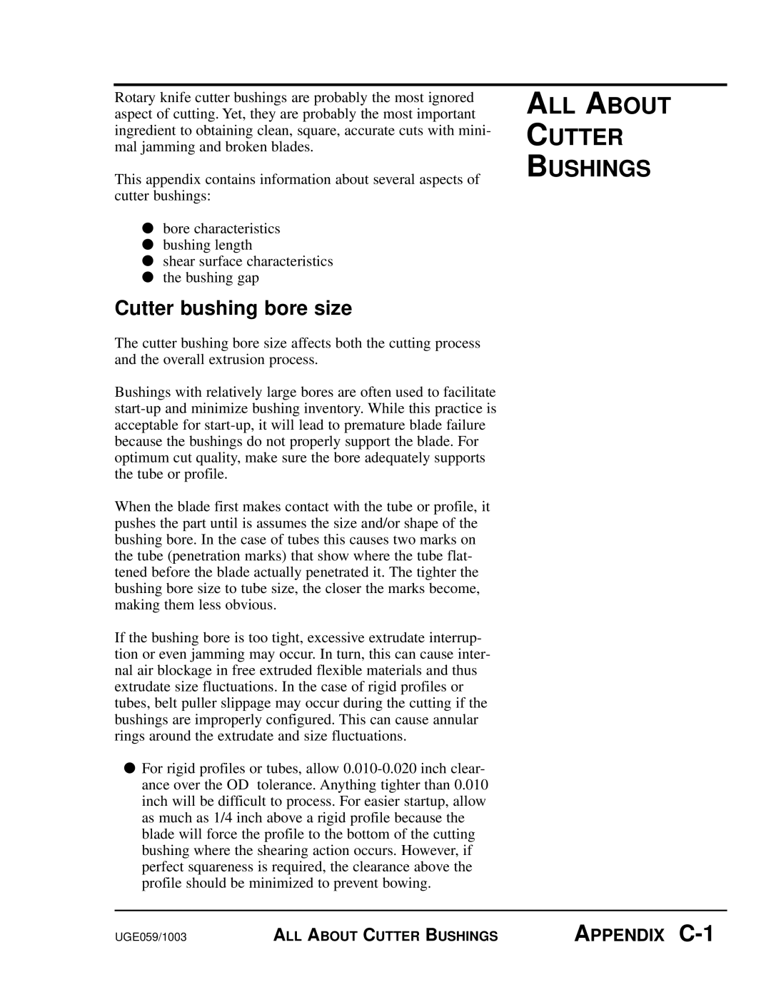 Conair SC-5 manual All About Cutter Bushings, Cutter bushing bore size, APPENDIX C-1 