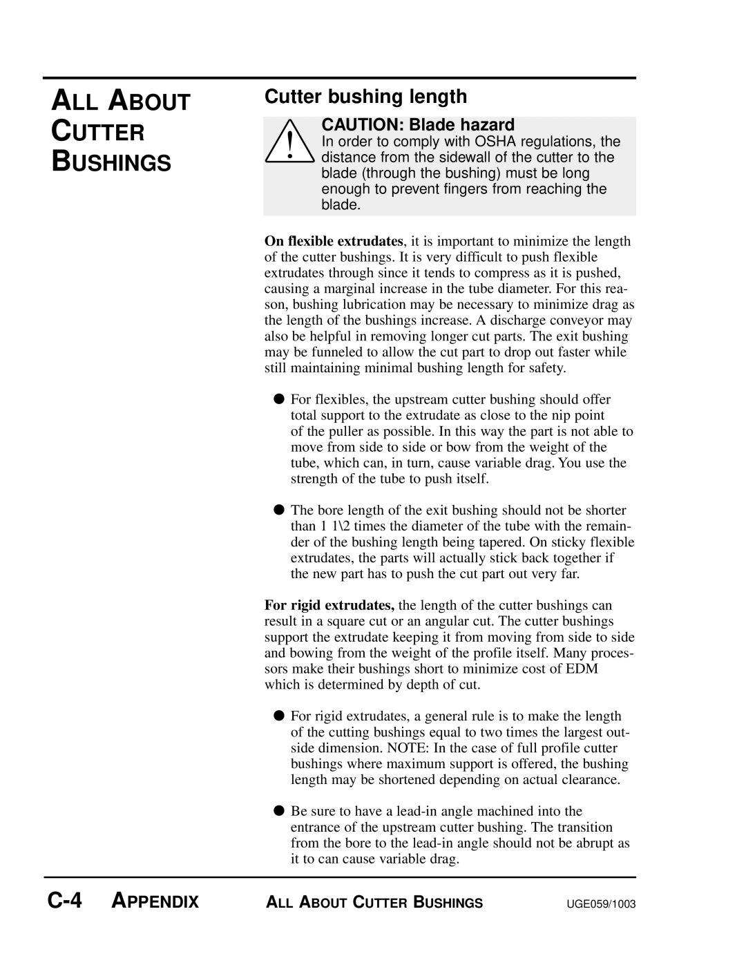 Conair SC-5 manual Cutter bushing length, CAUTION Blade hazard, C-4 APPENDIX, All About Cutter Bushings 