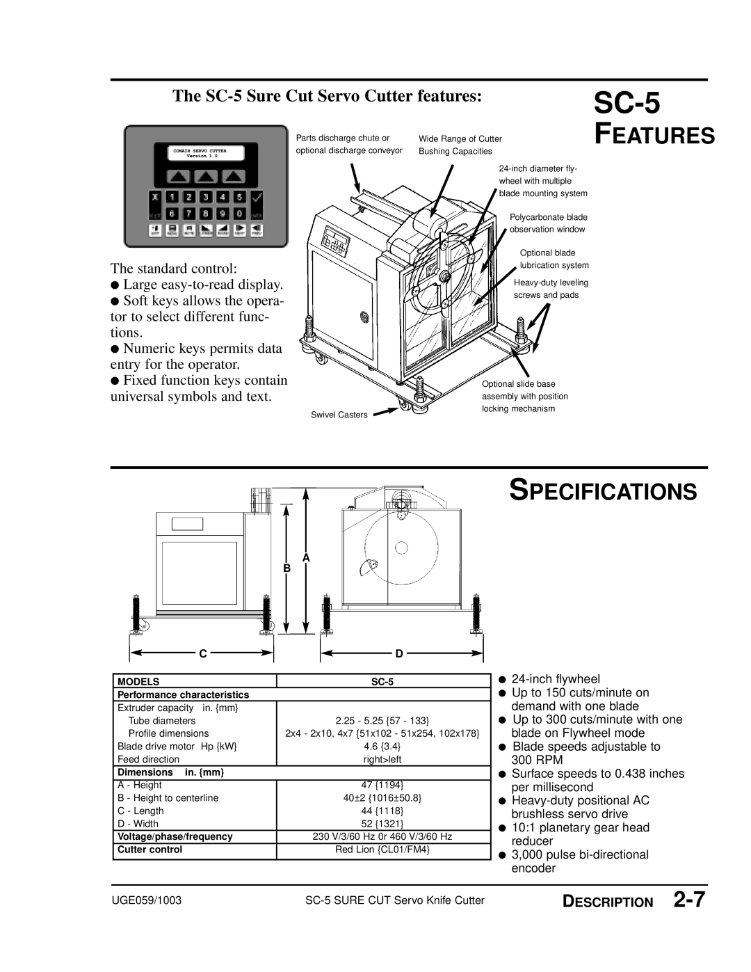 Conair manual Features, Specifications, The SC-5 Sure Cut Servo Cutter features, Description, Models, Dimensions in. mm 