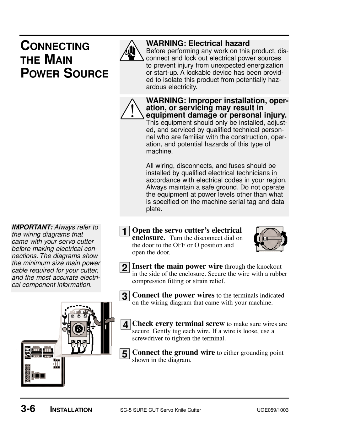 Conair SC-5 manual Connecting The Main Power Source, WARNING Electrical hazard 