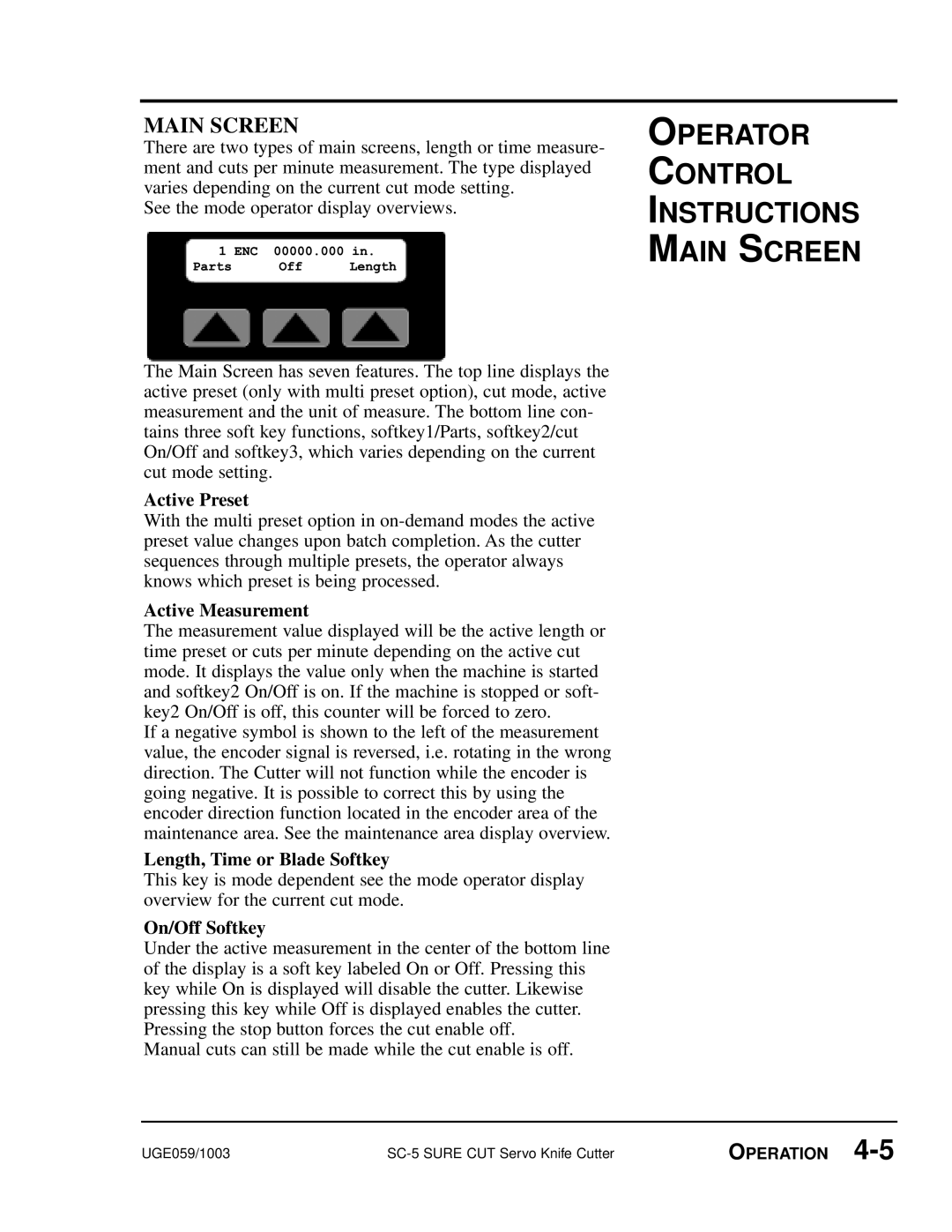 Conair SC-5 manual Parts1ENC00000Off.000in, Operator Control Instructions Main Screen, Active Preset, Active Measurement 