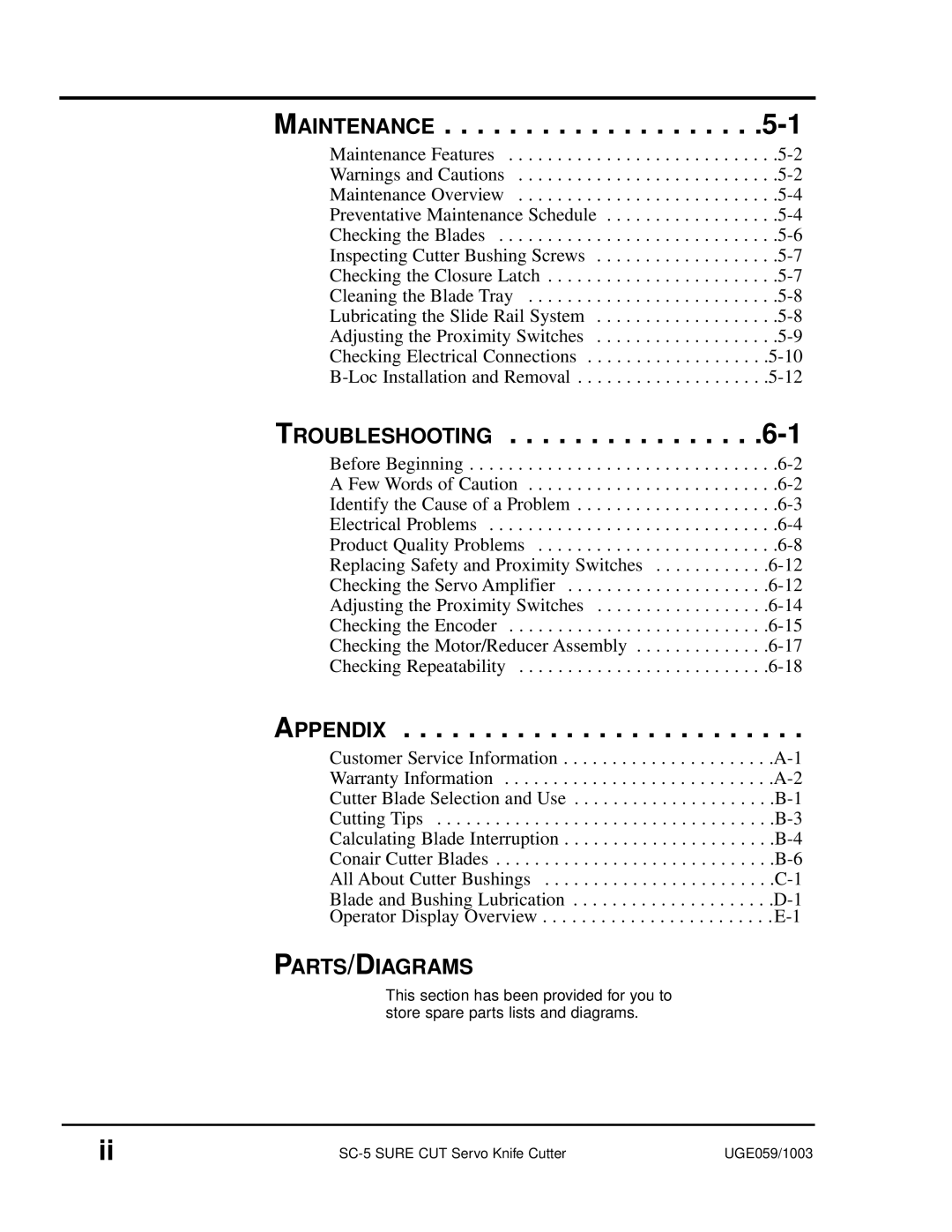 Conair SC-5 manual Maintenance, Troubleshooting, Appendix, Parts/Diagrams 