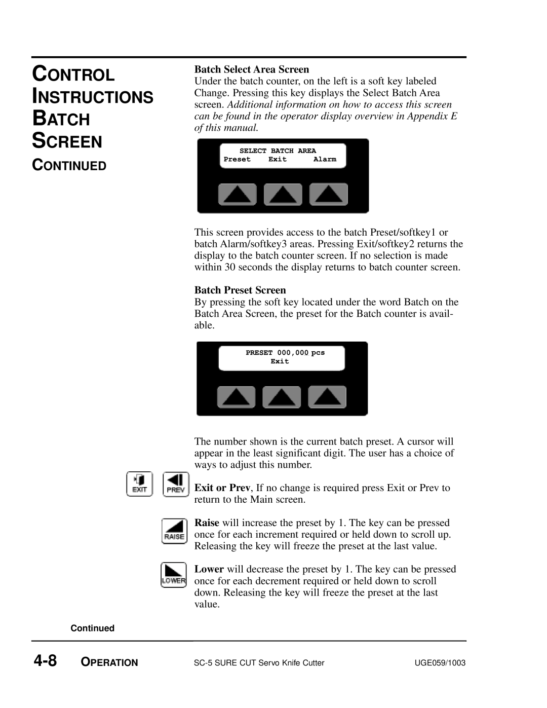 Conair SC-5 manual PRESETExit000,000pcs, Control Instructions Batch Screen, Batch Select Area Screen, Batch Preset Screen 