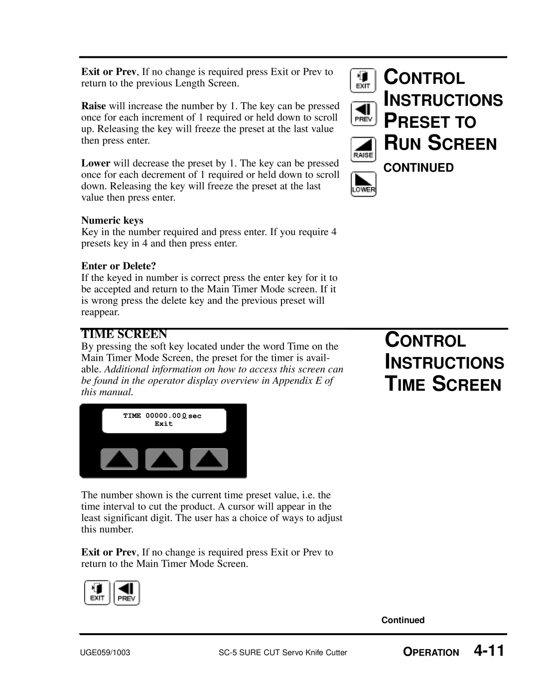 Conair SC-5 manual Control Instructions Time Screen, Control Instructions Preset To Run Screen, Continued, Numeric keys 