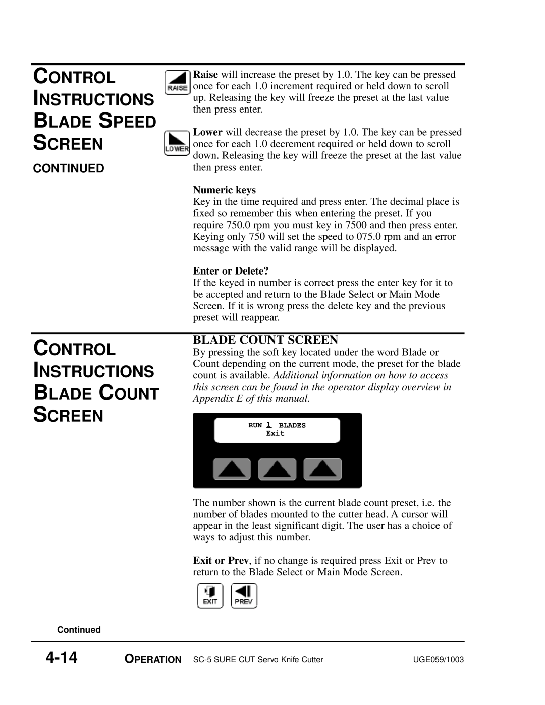 Conair SC-5 manual Control Instructions Blade Count Screen, 4-14, Control Instructions Blade Speed Screen, Continued 