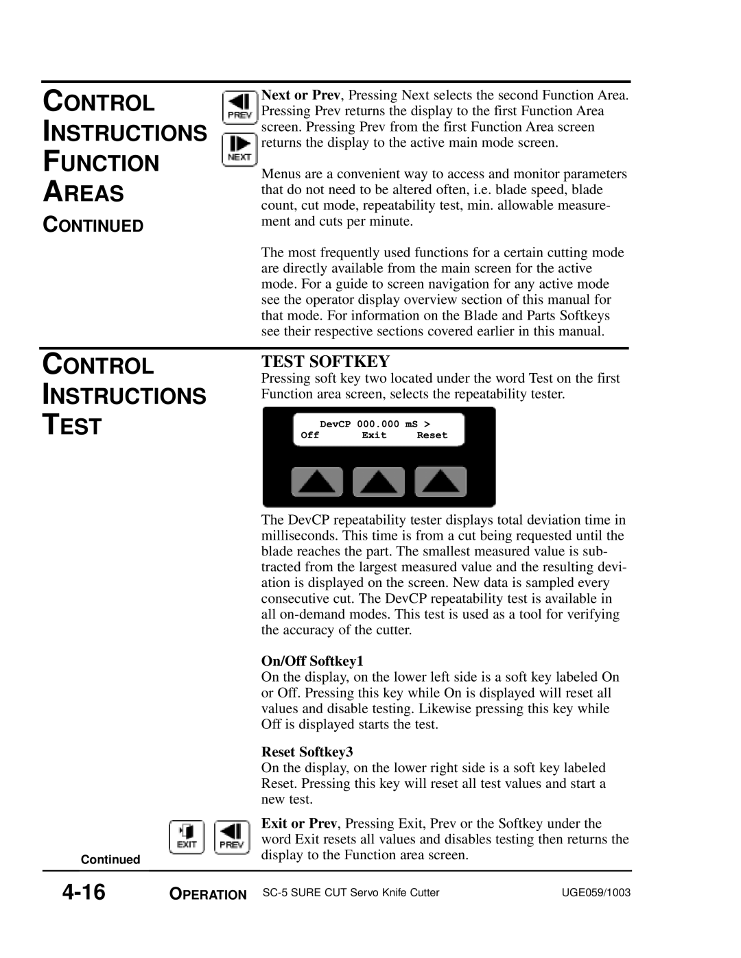 Conair SC-5 manual Control Instructions Function Areas, Control Instructions Test, 4-16, Continued, On/Off Softkey1 