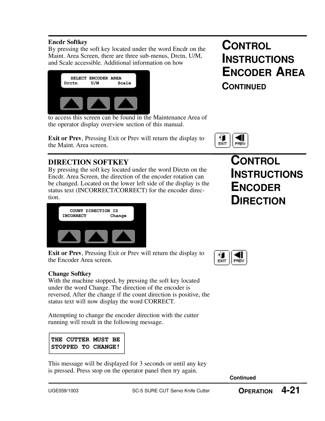 Conair SC-5 tion. INCORRECTCOUNTDIRECTIONIS, Control Instructions Encoder Direction, Direction Softkey, Change Softkey 