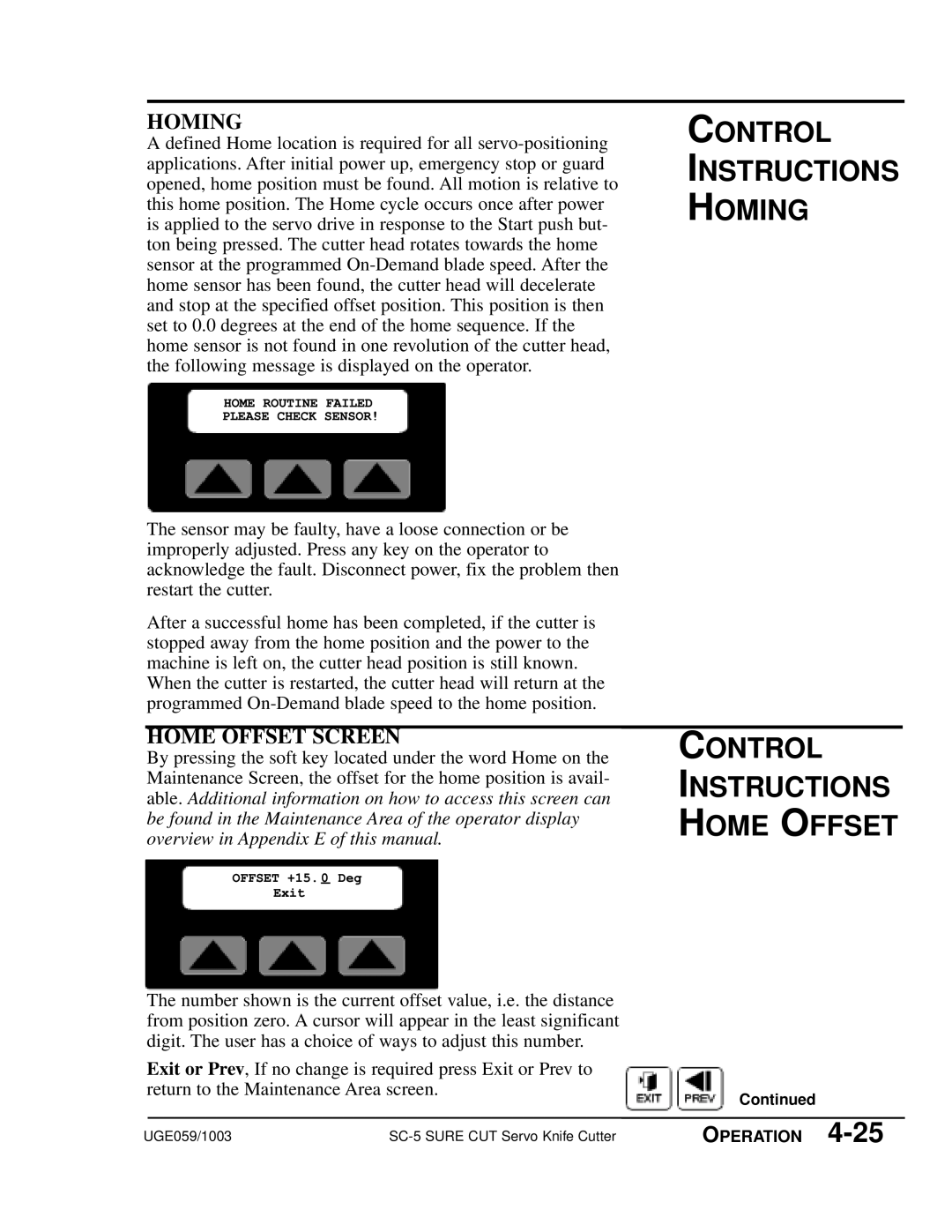 Conair SC-5 manual Control Instructions Homing, Control Instructions Home Offset, Home Offset Screen 