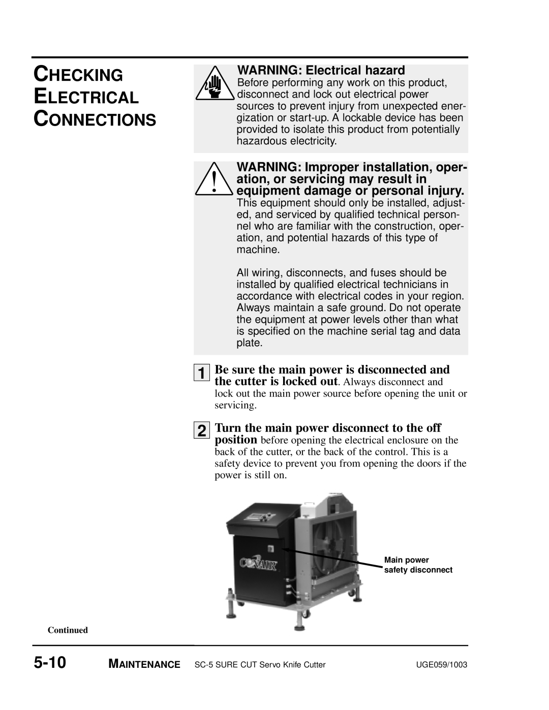 Conair SC-5 manual Checking Electrical Connections, 5-10, WARNING Electrical hazard, Main power safety disconnect 