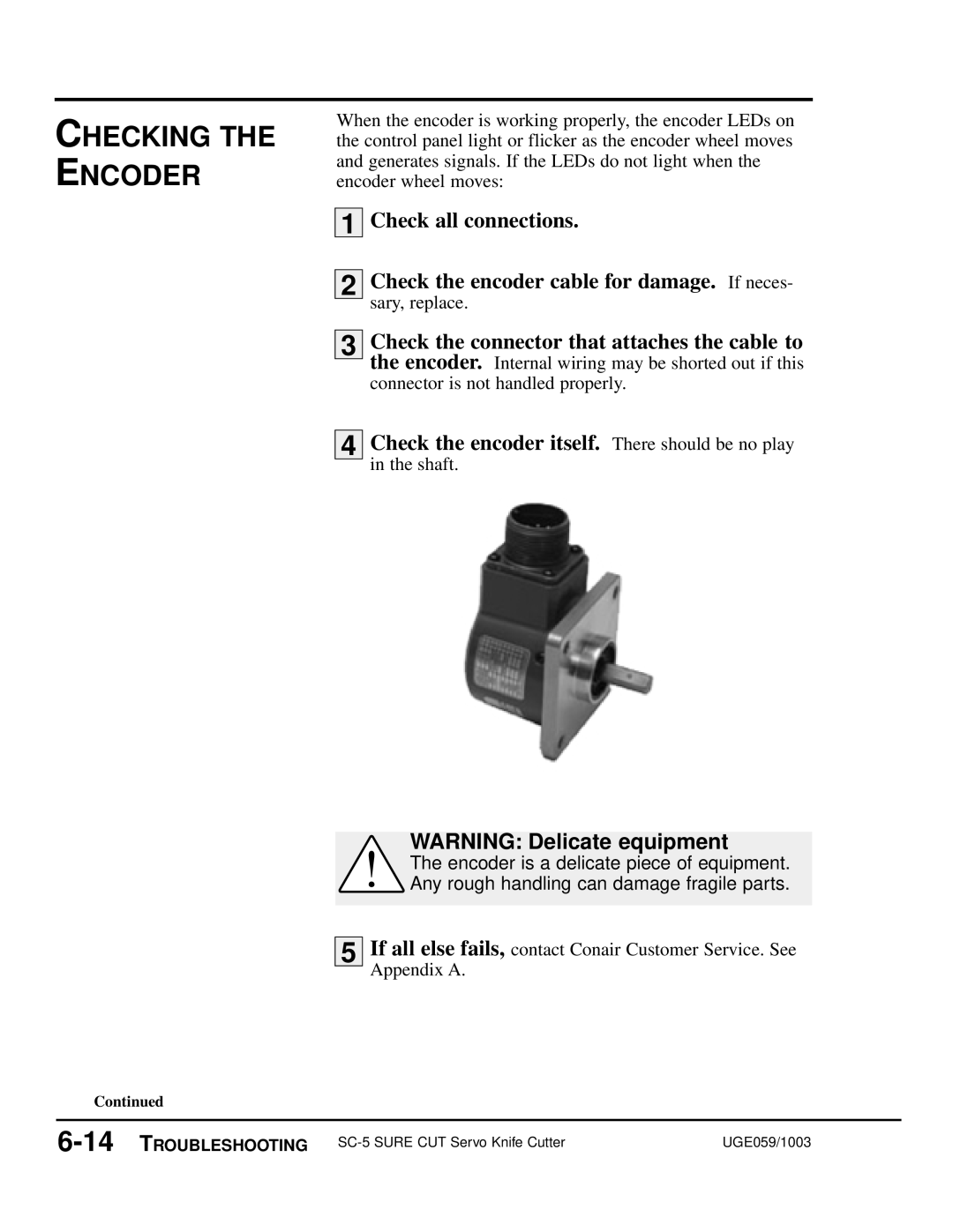 Conair SC-5 manual Checking The Encoder, Check all connections, Check the encoder cable for damage. If neces 