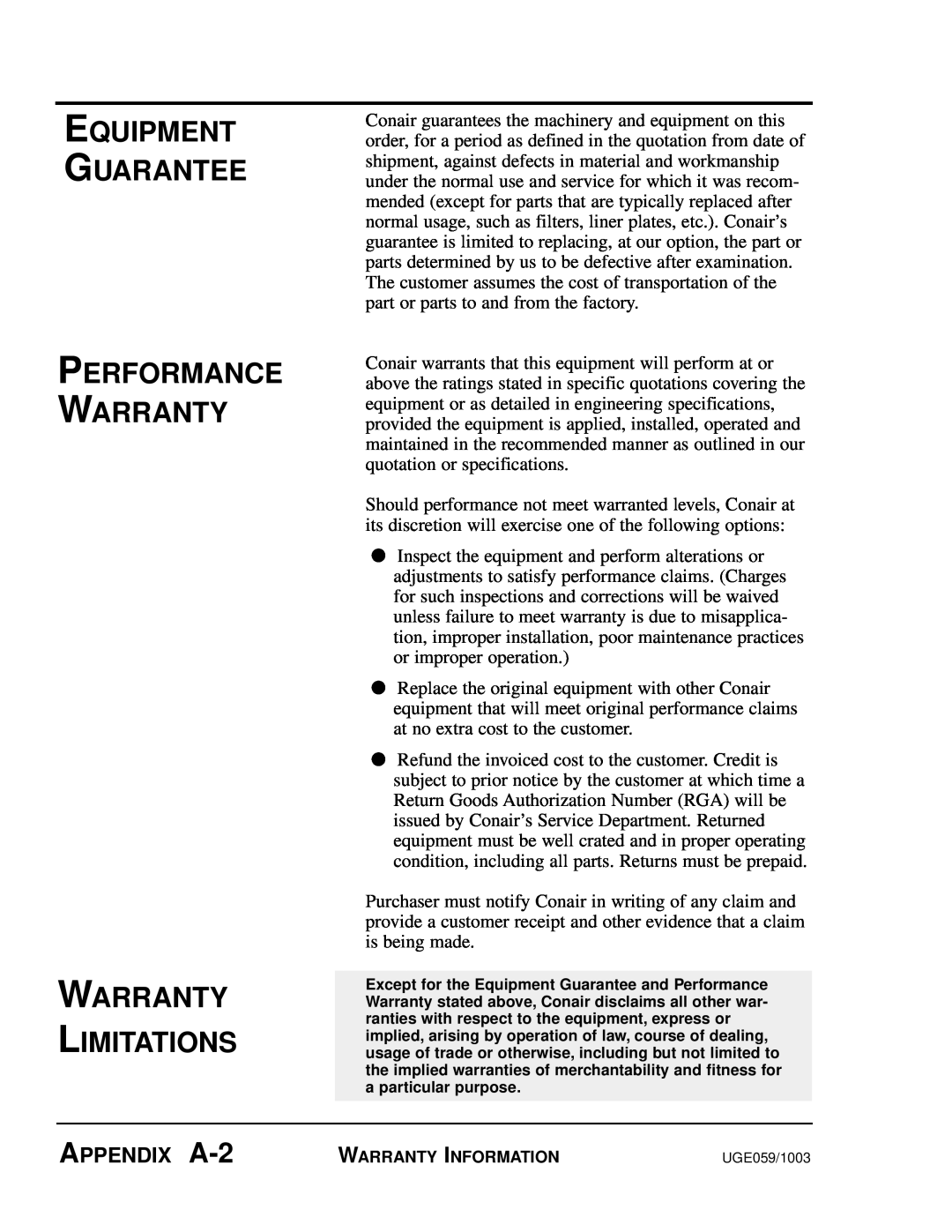 Conair SC-5 manual Equipment Guarantee Performance Warranty Warranty Limitations, APPENDIX A-2 