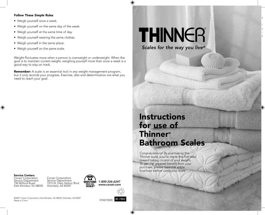 Conair brochure Instructions for use of Thinner Bathroom Scales 