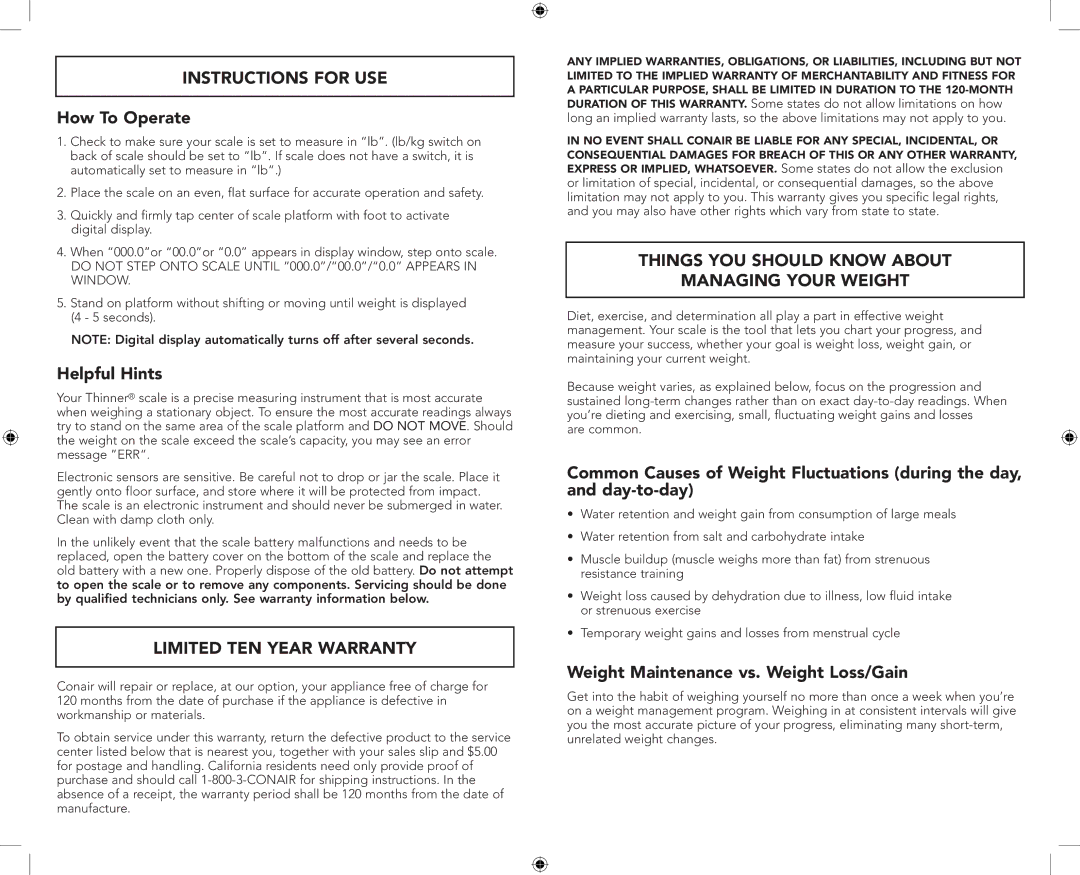 Conair Scale brochure Instructions for USE, Limited TEN Year Warranty, Things YOU should Know about Managing Your Weight 