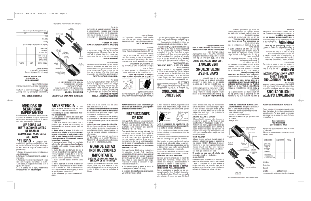 Conair SD6IS important safety instructions Guía DE Operación Para EL Secador DE 1875 Vatios 