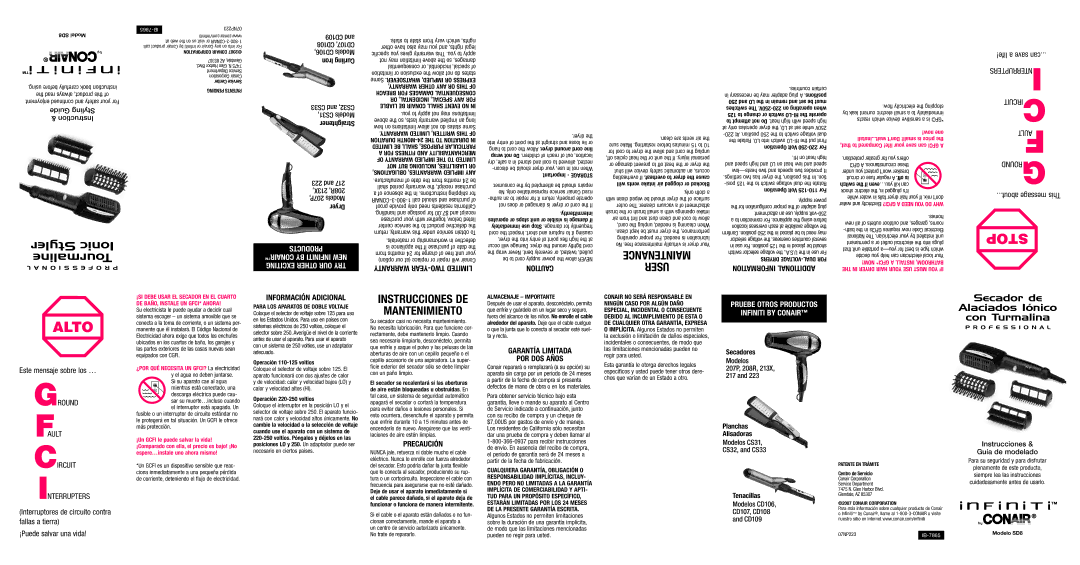 Conair SD8 Guide Styling Instruction, Iron Curling, Straightener, 223, 213X, 208R, 207P, Models, Dryer, Secadores Modelos 