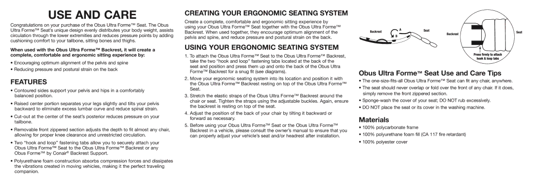 Conair SE1 owner manual Features, Creating your Ergonomic Seating System, Using your Ergonomic Seating System, Materials 