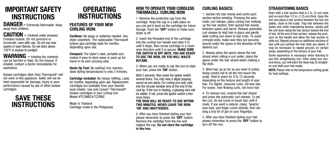 Conair Styling Iron operating instructions Save These Instructions Operating, Features of Your NEW Curling Iron 